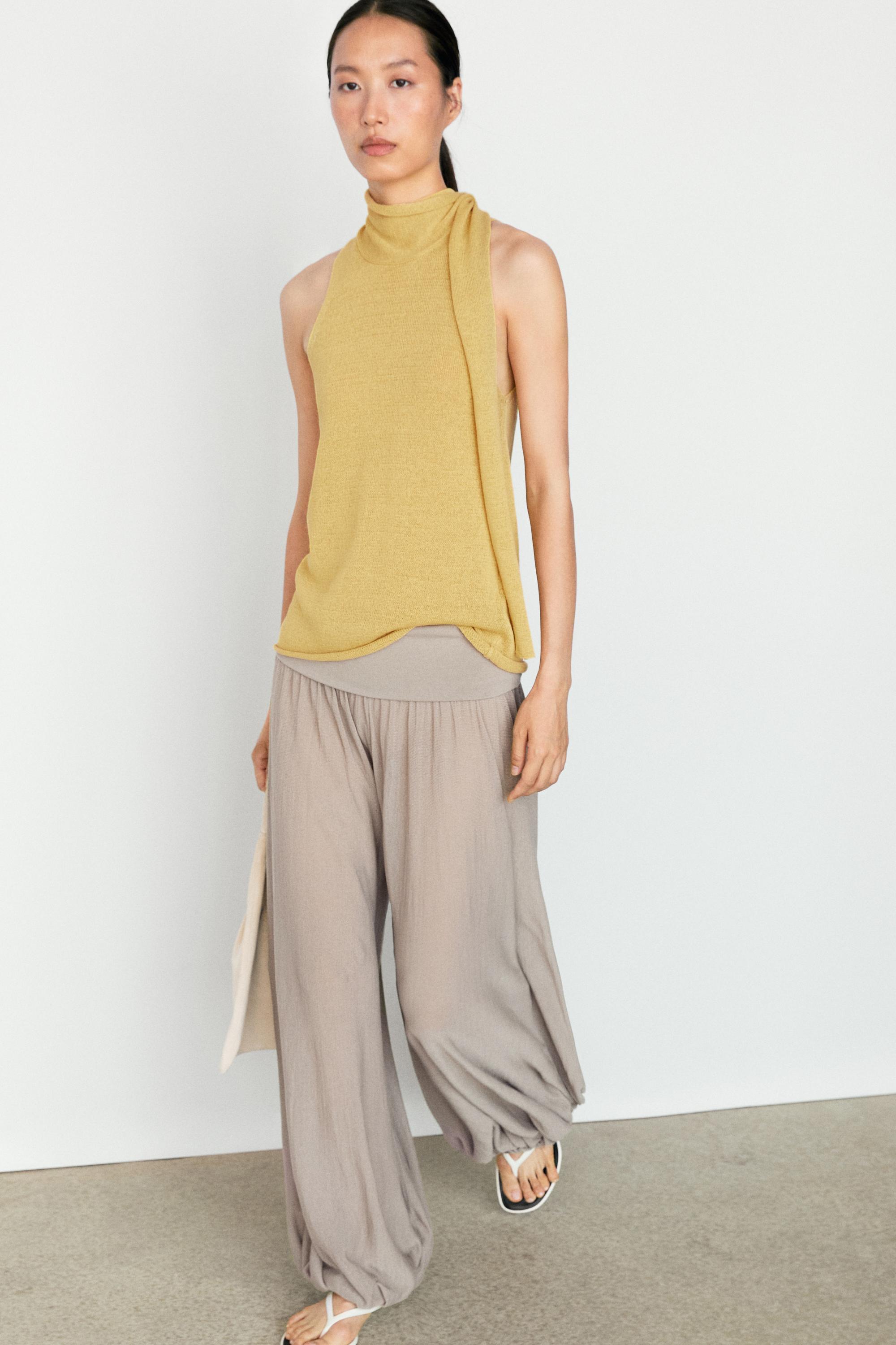 Linen blend halter top with tie detail